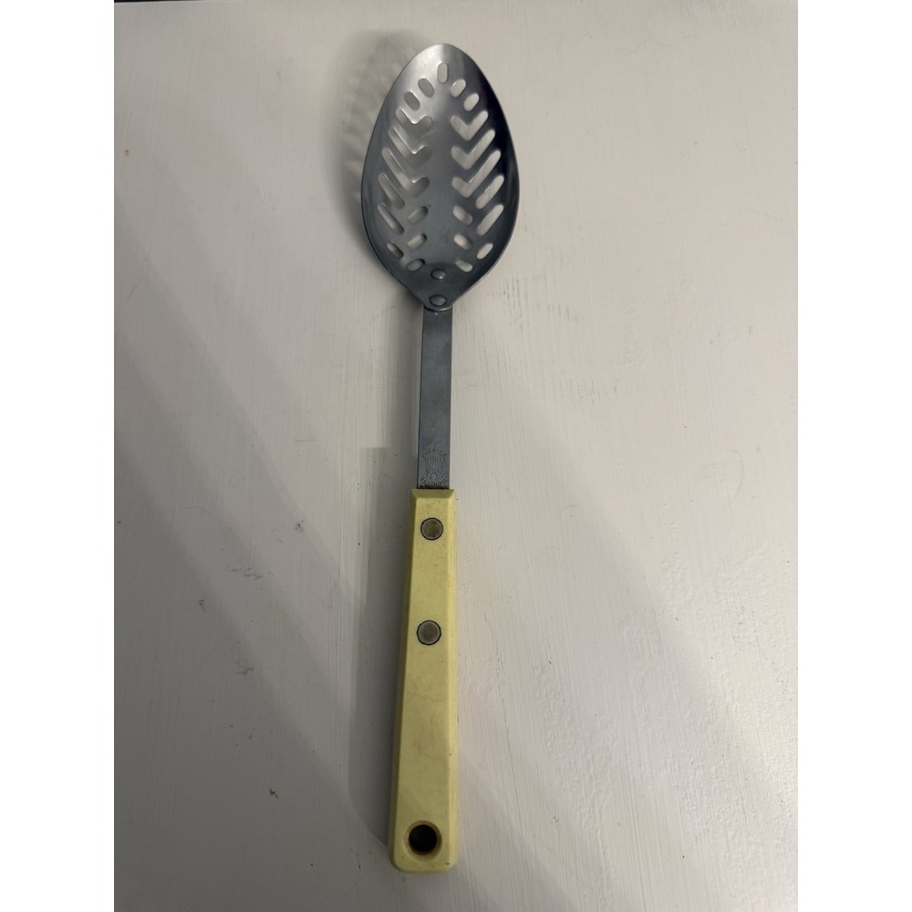 Vtg EKCO Forge Stainless 11" Arrowhead Serving Spoon Yellow Handle USA Strainer